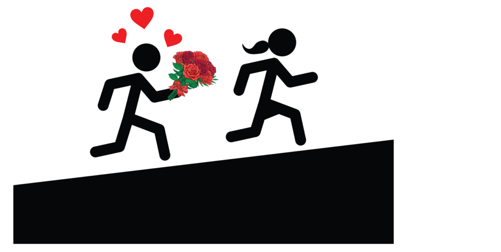 Man chasing a girl while holding flowers